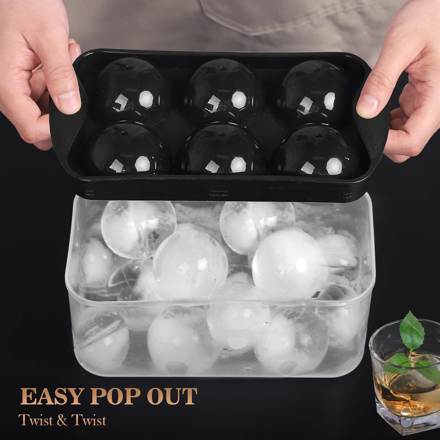 Whiskey Ice Ball Maker with Lid and Bin, 1.9" round Ice Cube Trays for Freezer, Large Sphere Whisky Ices Cubes Tray Circle with Bucket&Tong, Cocktail Bourbon Brandy Scotch(Black-6 Balls*2 Pack)