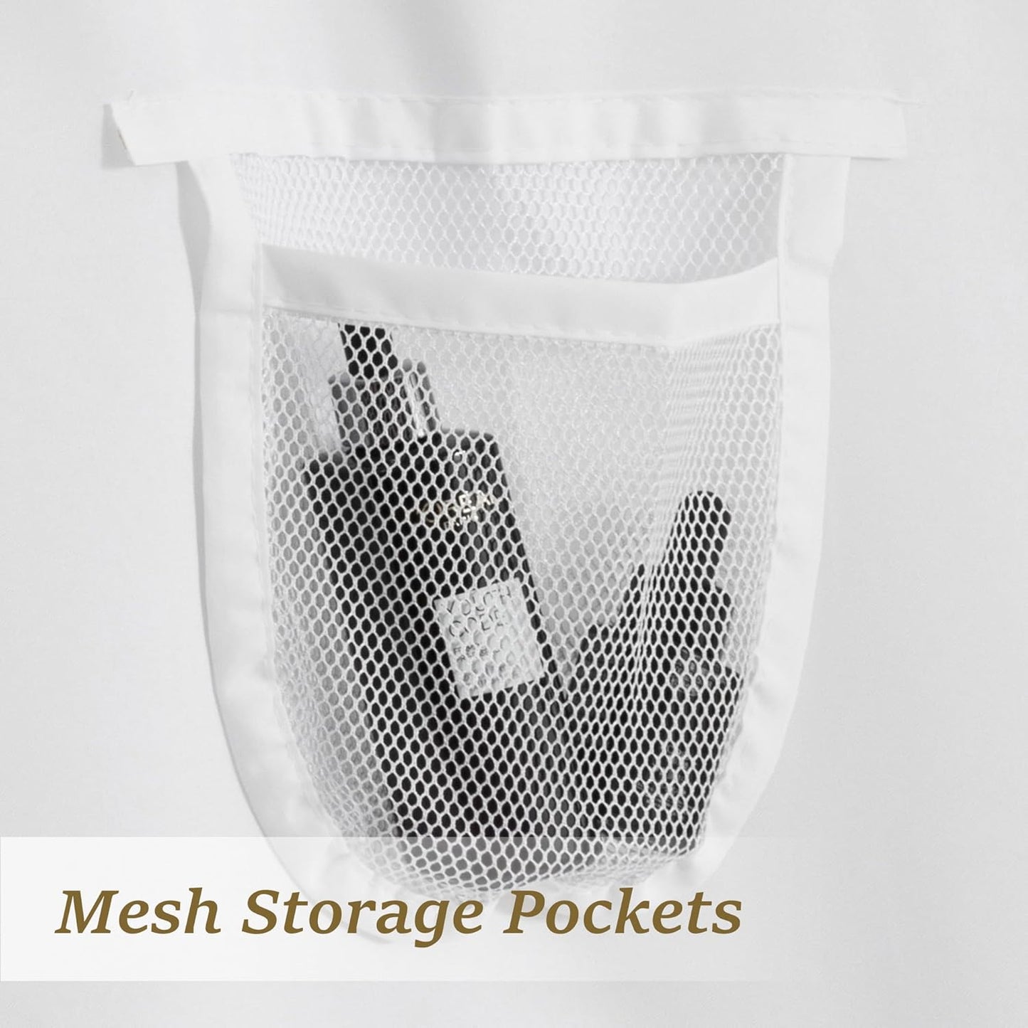 Water Repellent Fabric Shower Curtain or Liner with 9 Mesh Pockets - White, 71X72 Inches