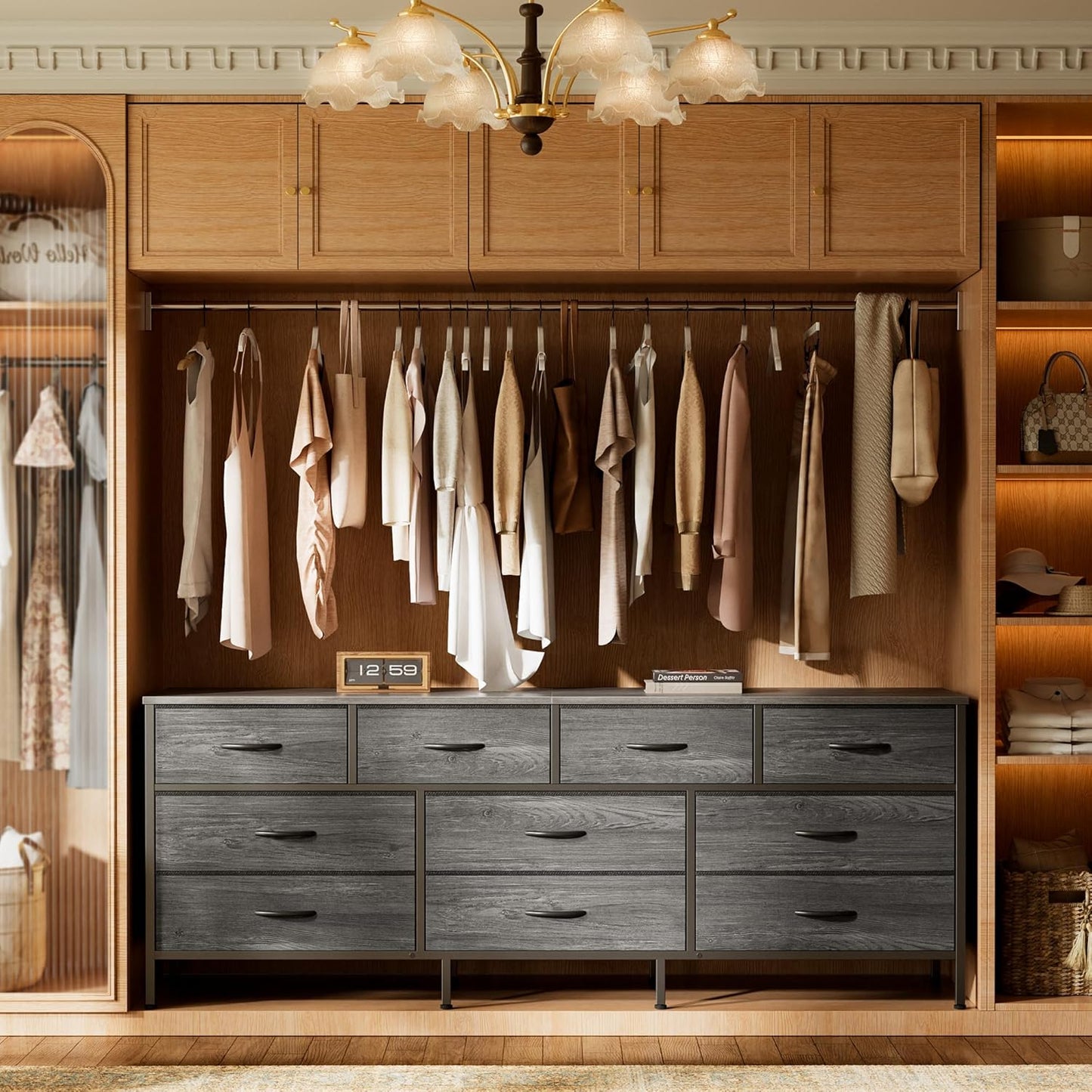 63-Inch Bedroom Dresser with 10 Fabric Drawers, Versatile TV Stand for 55 to 70 Inch TVs, Grey Toy Storage Organizer for Closets