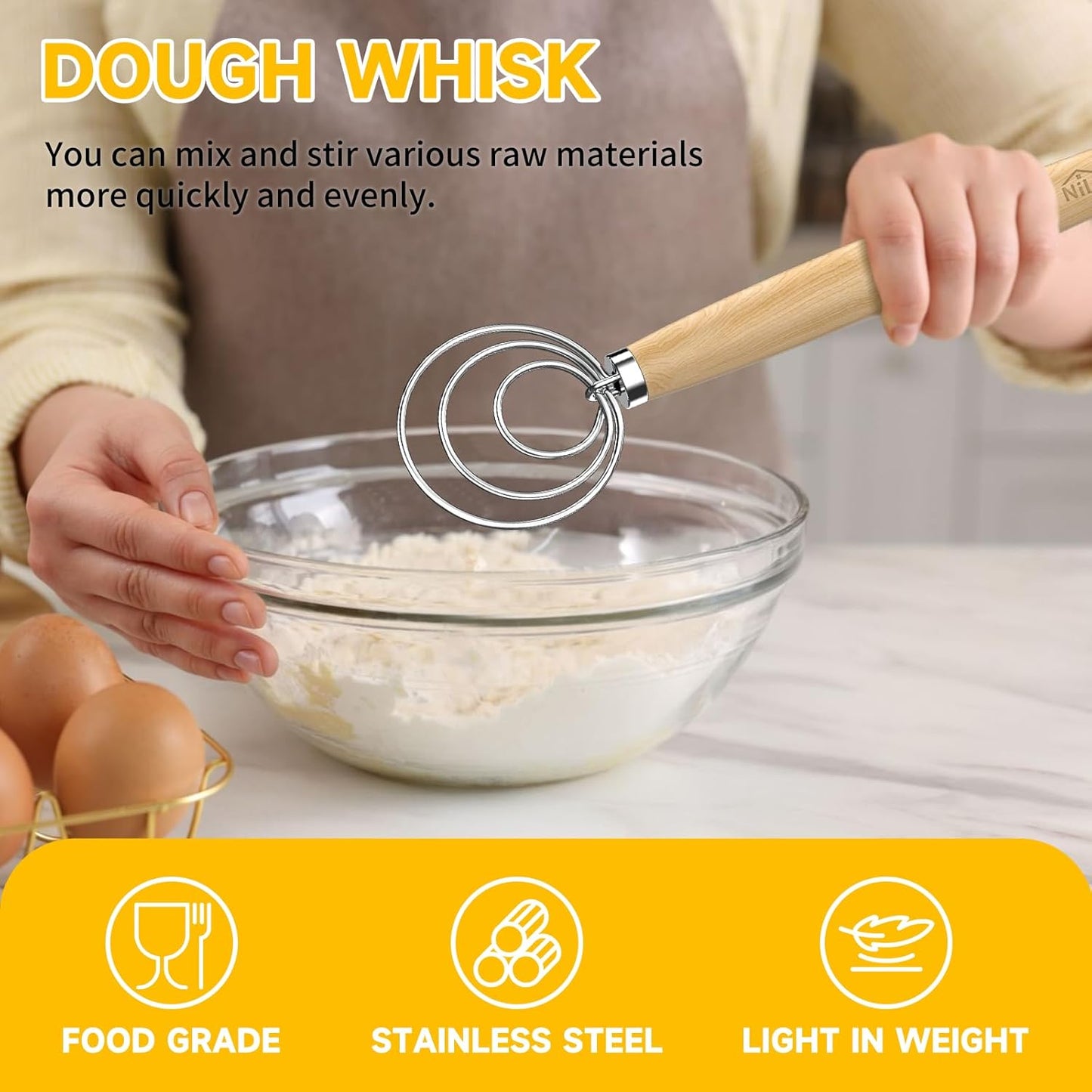 Dough Whisk, 13-Inch Wooden Danish Dough Whisk Sour Dough Tools with Stainless Steel Dough Hook Bread Whisk for Sourdough, Pizza, Pastry, Cake Batter Etc.