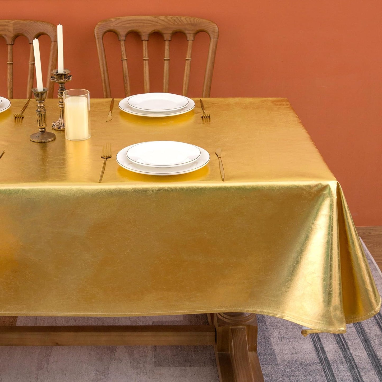 Rectangle Foiled Tablecloth Set, 2 Pack - 60 x 102 Inches, Gold - Stain Resistant for New Year Celebrations and Banquets