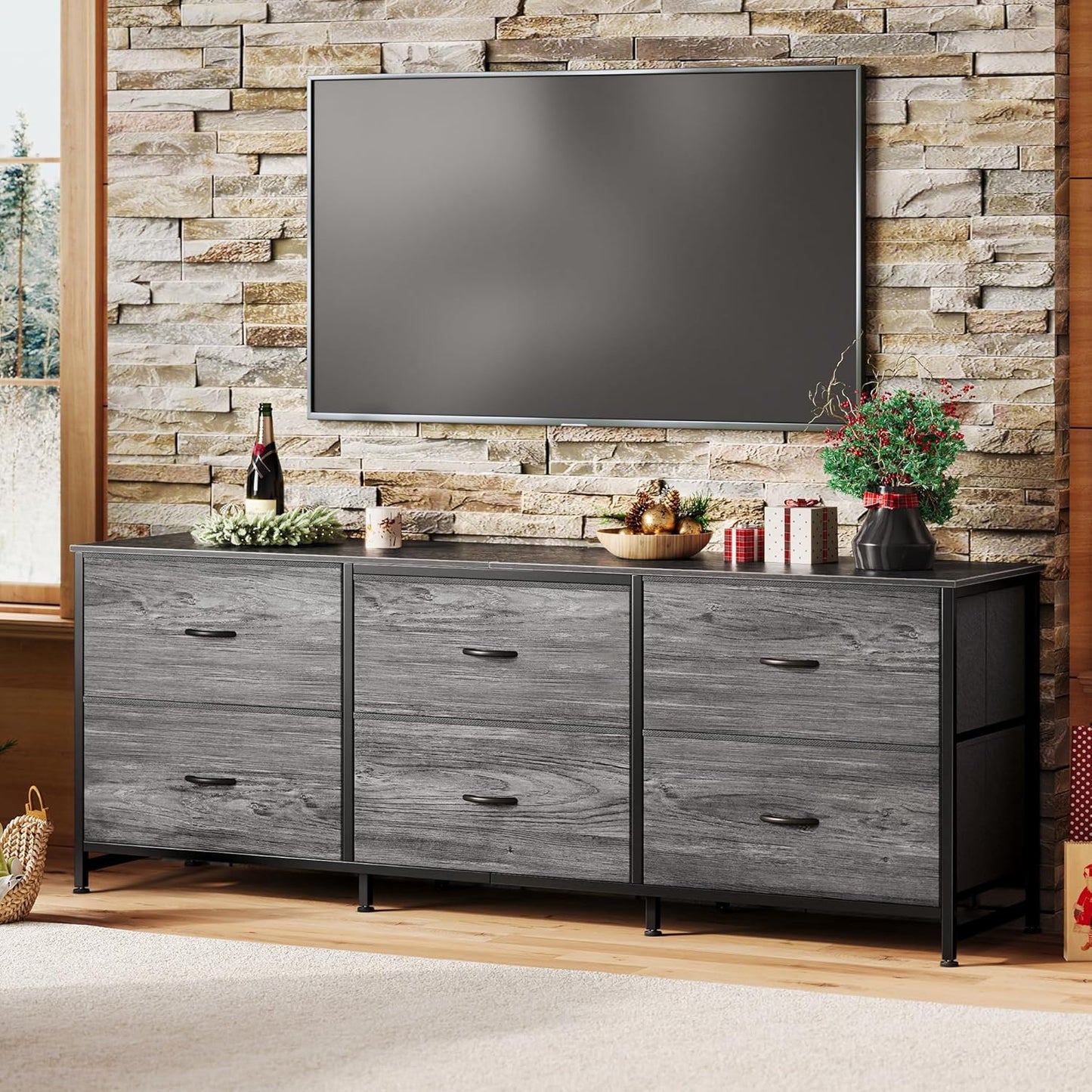 63-Inch Dresser and TV Stand Combination for Bedrooms, Accommodates 55 to 70 Inch TVs, Features 6 Fabric-Drawer Storage Solution, Ideal for Bedroom and Entryway, Grey Finish