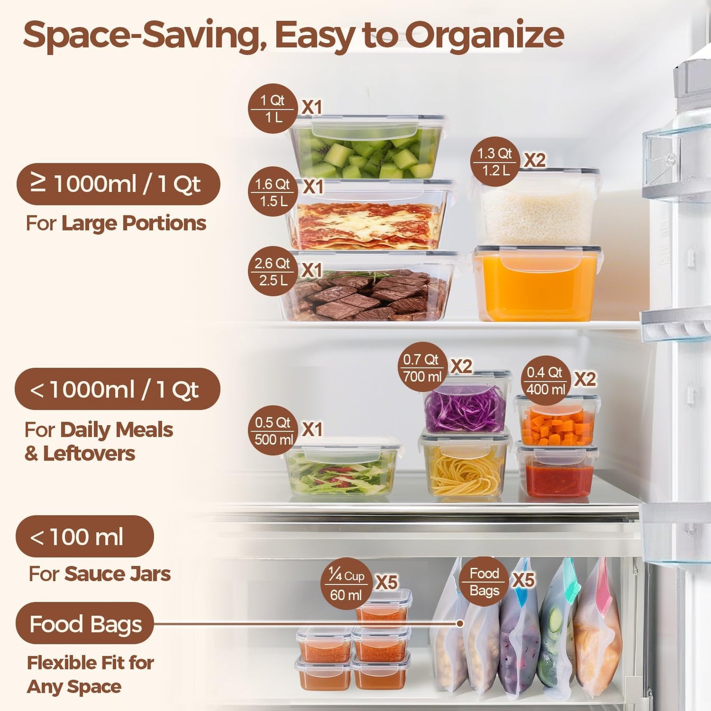 Food Storage Containers Set with Airtight Lids,Plastic Food Containers for Kitchen Storage and Organization, Leak Proof Meal Prep Container,Reusable Lunch Storage Set