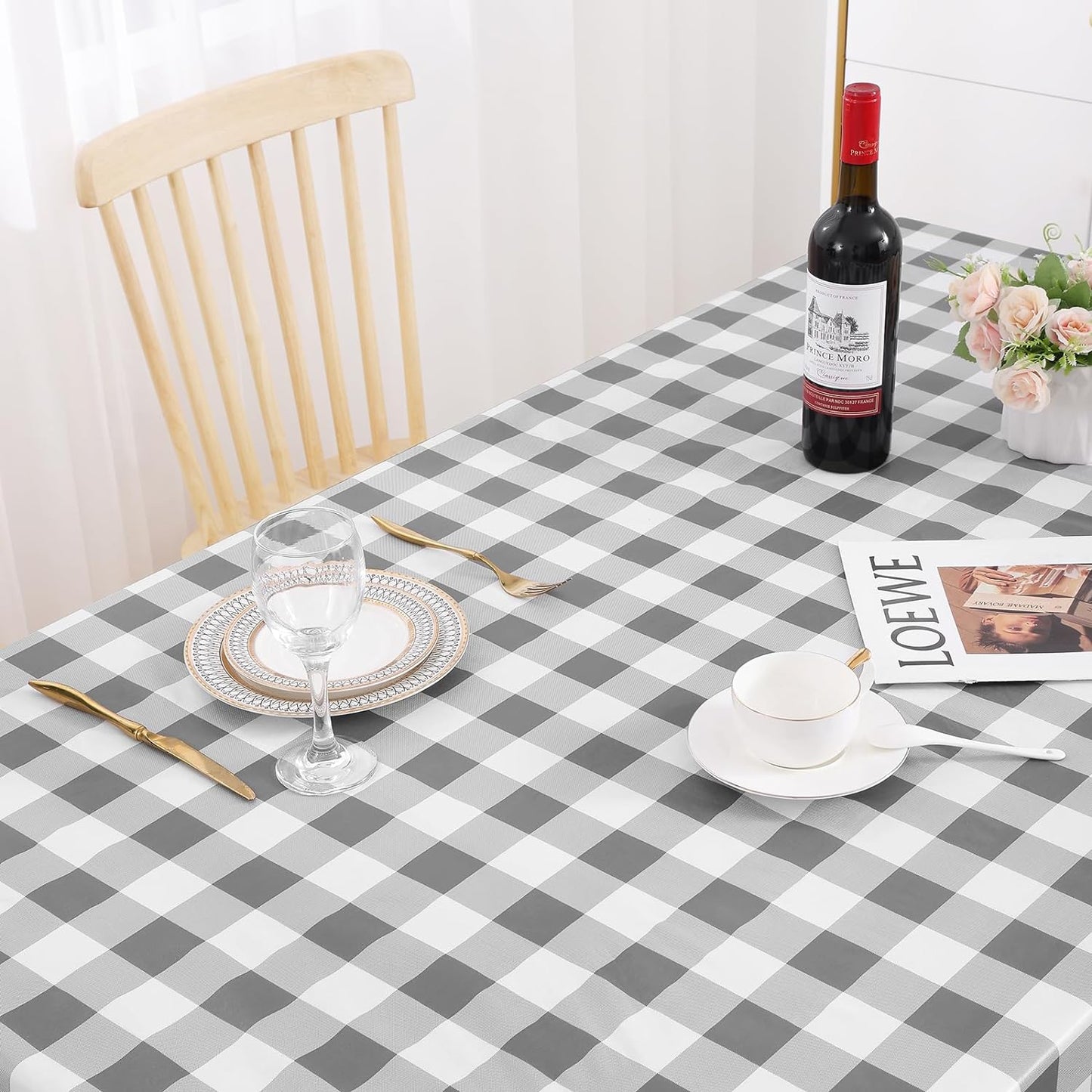 Rectangle Waterproof Vinyl Table Cloth, Buffalo Flannel Backed Tablecloth, Wipeable Plastic Table Cover for Dinner, Kitchen, Outdoor (60" X 84", Grey and White)
