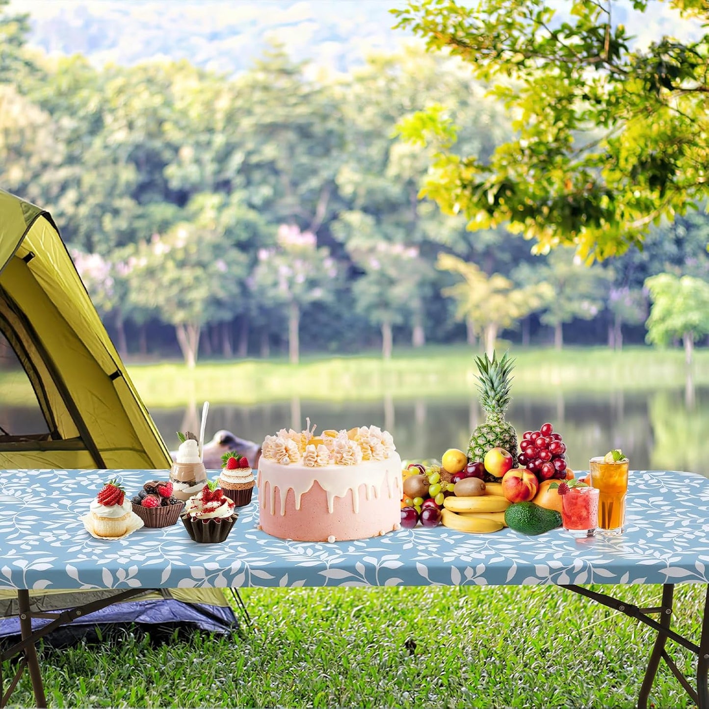 Rectangle Vinyl Tablecloth, Fitted Table Cover, 100% Waterproof, Elastic Edge, Flannel Backing, Plastic Table Cloth Fit 4 Foot Folding Tables for Picnic, Outdoor (Blue Leaves, 24X48 Inch)