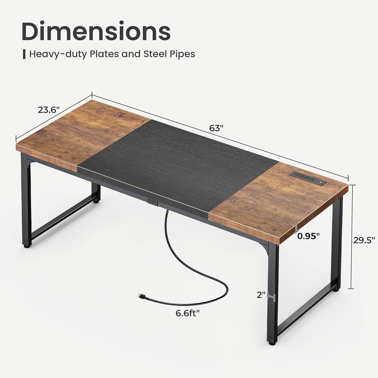 63" x 24" Heavy-Duty Computer Desk with Power Outlets & USB-C, Enhanced Desktop Thickness, Sturdy Metal Frame, Ideal for Home Office and Gaming, Rustic Brown and Black Finish