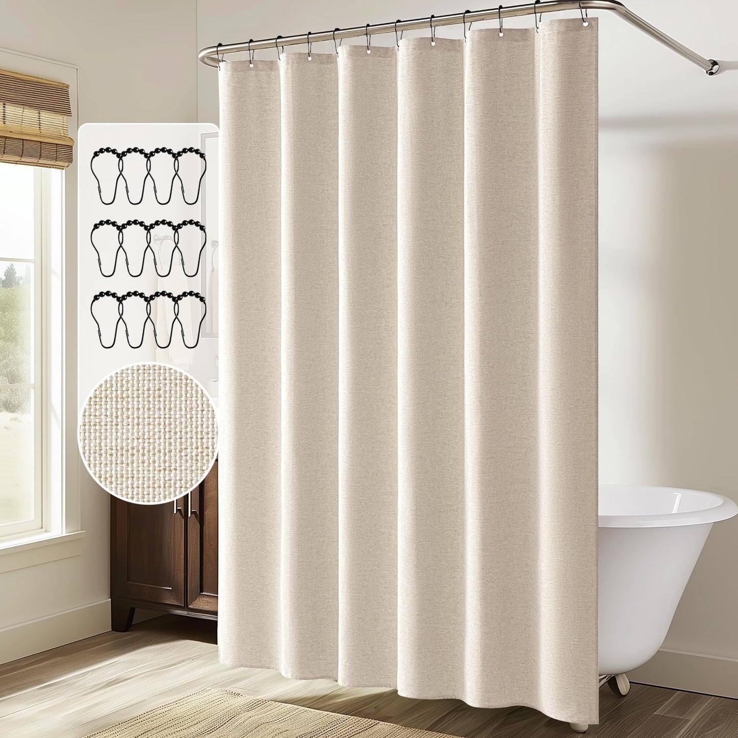 Linen Shower Curtain Set with 12 Metal Hooks - Modern Heavy-Duty Washable Beige Fabric, Waterproof and Durable, 72"x72", Cream