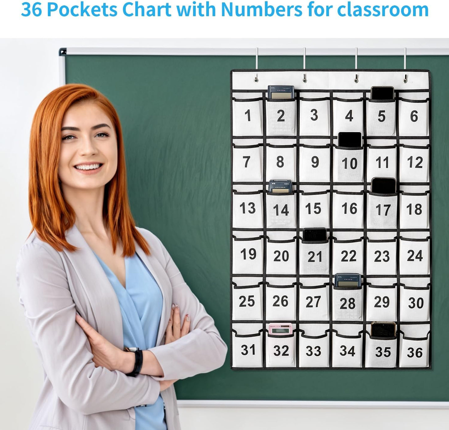 36-Pocket Numbered Classroom Pocket Chart for Cell Phone and Calculator Storage with 4 Stainless Steel Hooks (White)