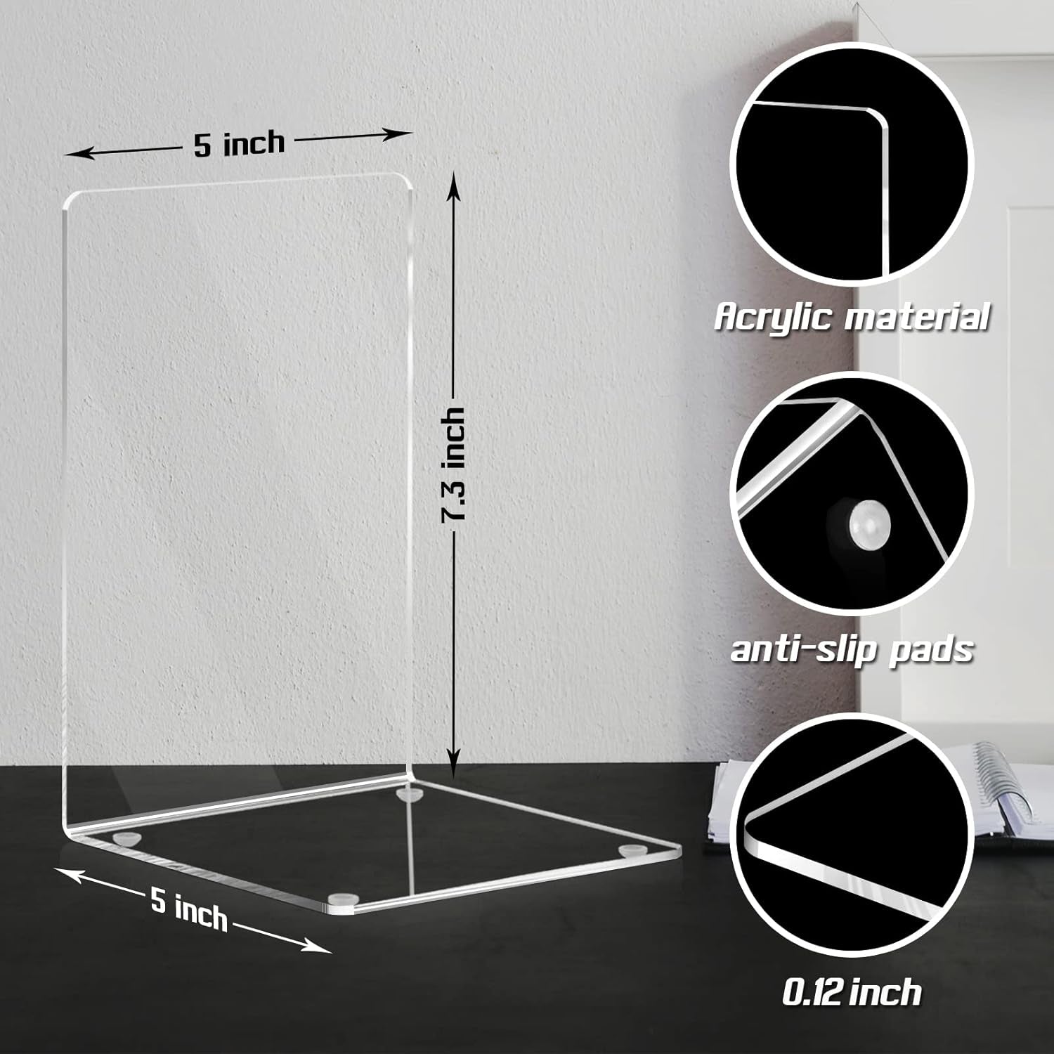 Acrylic Bookends, 12 Pieces - Clear, Non-Skid Decorative Book Ends, Study Book Organizer for Home Library or Office, 5 X 5 X 7.3 Inch