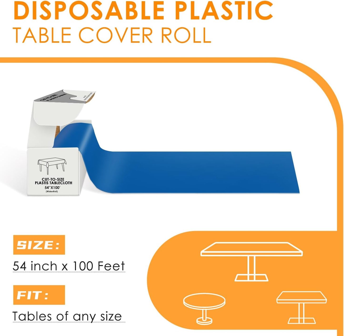 Blue Disposable Plastic Table Cloth Roll 54" X 100', Plastic Table Cover with Cutter Box, Cut to Size Disposable Tablecloth for Parties