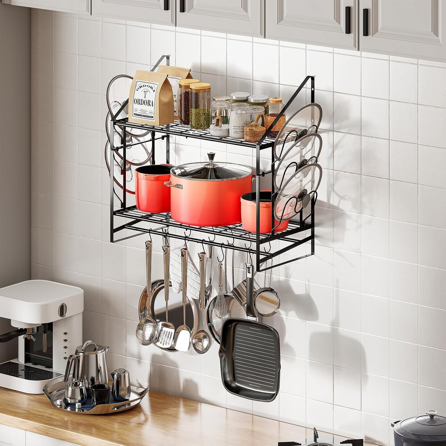 Pot Rack Wall Mounted - Double Layer Hanging Pot and Pan Rack for Kitchen with 12 Hooks as Pot and Pan Organizer, Includes 6 Lid Holders for Pot Hanger Storage, Length 33.46", Spacing 13.39"
