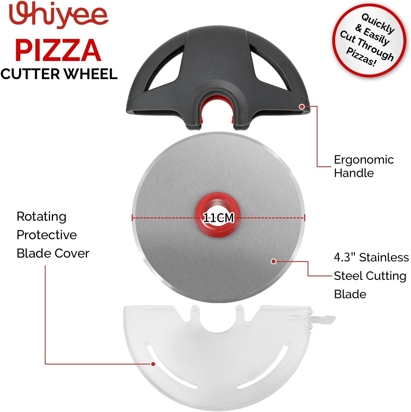 Pizza Cutter Wheel, Heavy Duty Pizza Slicer, Stainless Steel Large Pizza Wheel Blade with Safety Rotating Guard, Thickened Blade Ergonomic Handle Cut through Crust with Ease, Gray