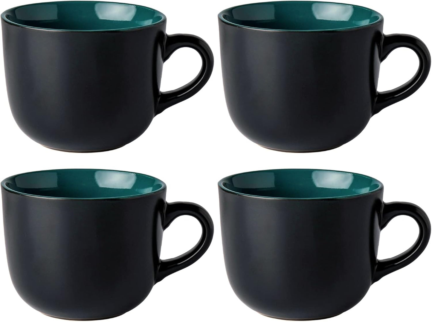Set of 4 Jumbo Ceramic Soup Mugs with Handles, 24 Oz Capacity, Microwave and Dishwasher Safe - Green Interior