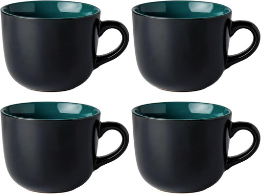 Set of 4 Jumbo Ceramic Soup Mugs with Handles, 24 Oz Capacity, Microwave and Dishwasher Safe - Green Interior