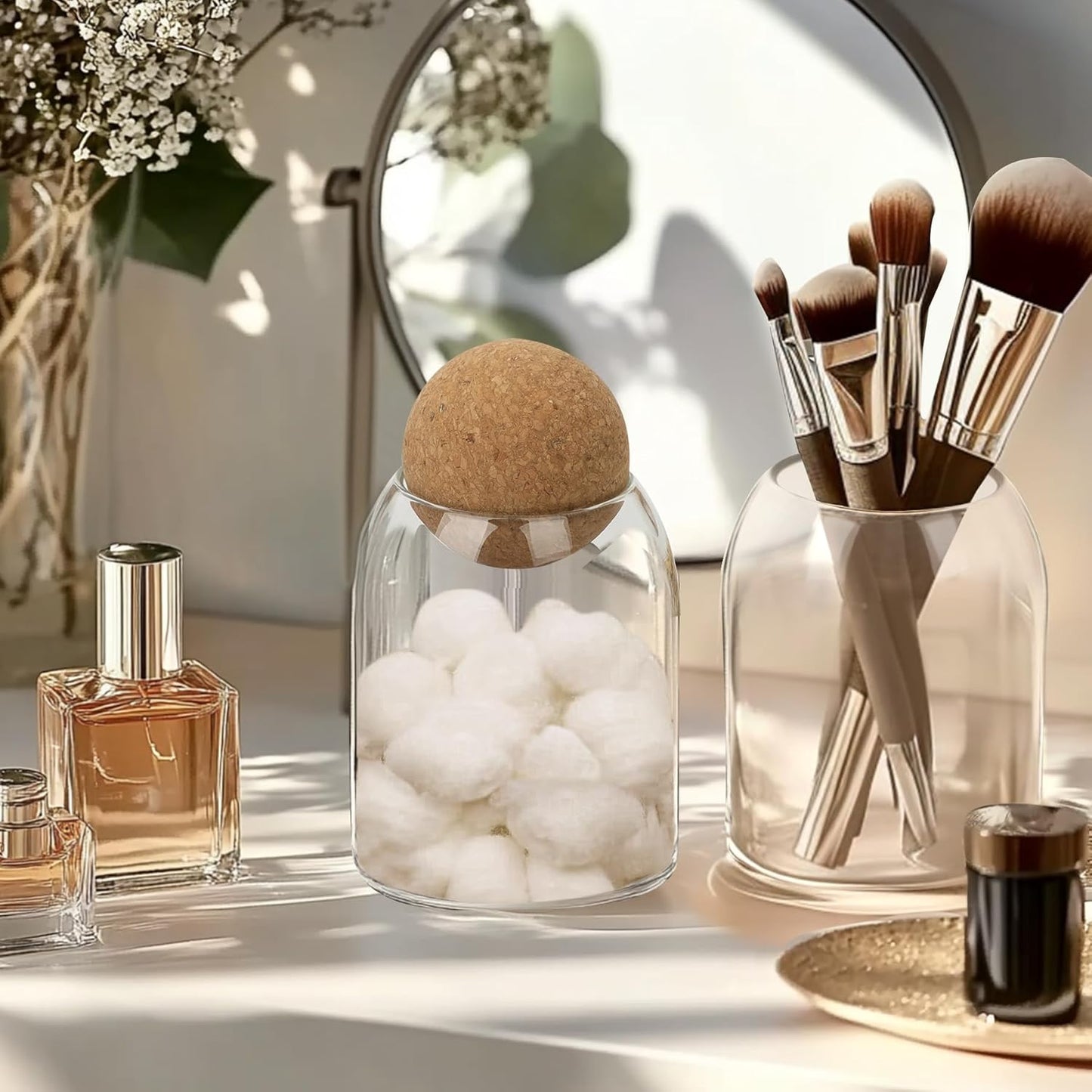 Glass Storage Container with Ball Cork, 16 Oz Small Glass Jar with Cork Lid, 1 Pack Candy Jar, Cute Decorative Jar for Tip, Change, Salt, Sugar, Cookies, Bathroom Cotton Swab Qtip Holder
