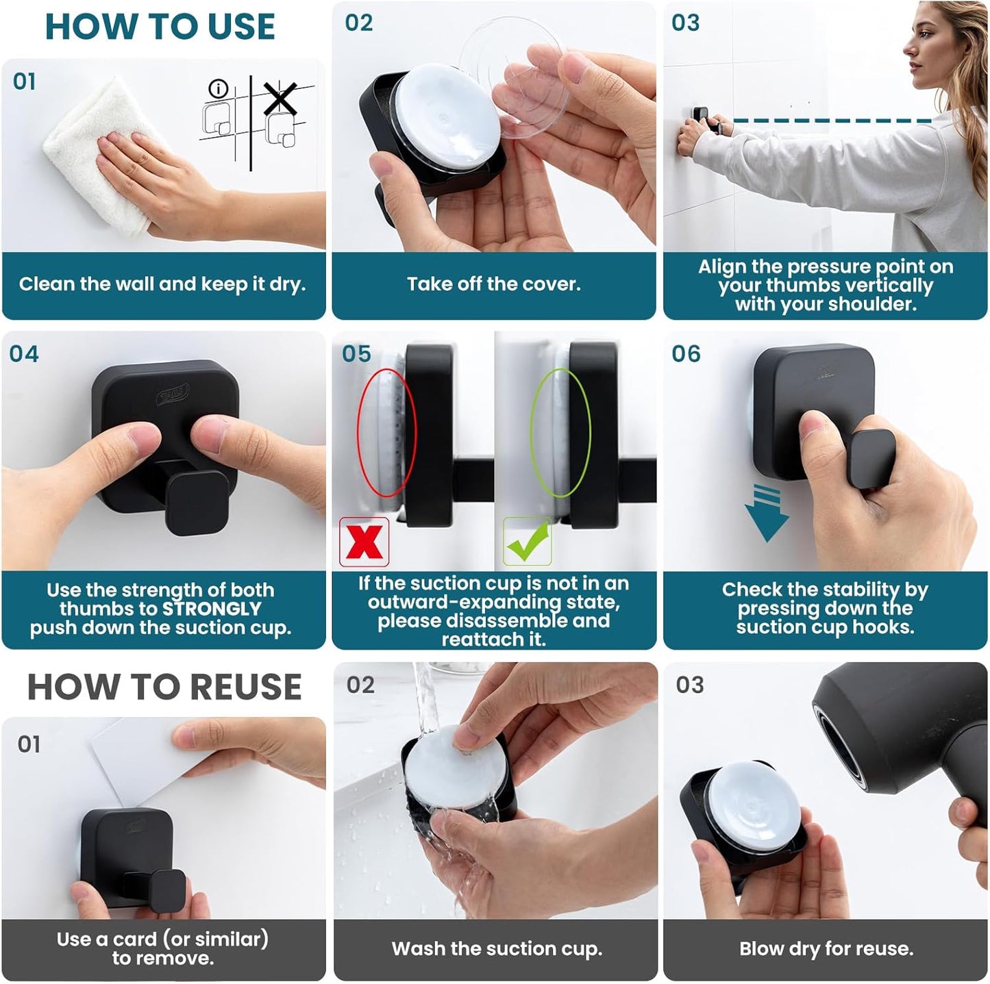 Stylish 304 Stainless Steel Bathroom Suction Hooks for Towel, Bathrobe, Loofah, No Damage Hanging Glass Shower Wall Hooks, Removable Patented Strong Suction Cup Holders, Hold up to 11 Lbs, Black