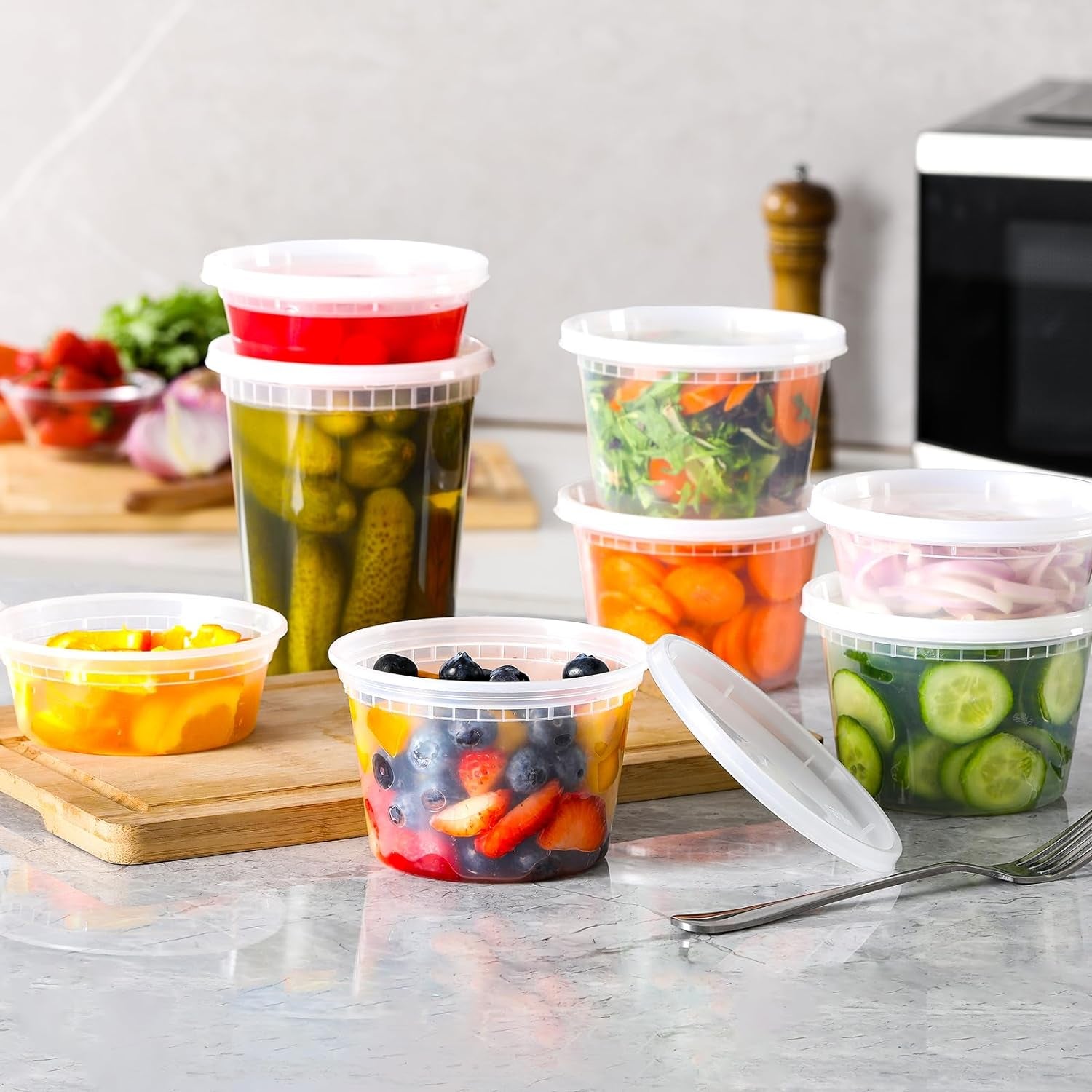 24 Sets Plastic Deli Food Containers with Lids, 8 Oz 16Oz 32Oz Variety Pack, Airtight Food Storage Containers, Freezer/Dishwasher/Microwave Safe, Soup Containers for Takeout Food Storage