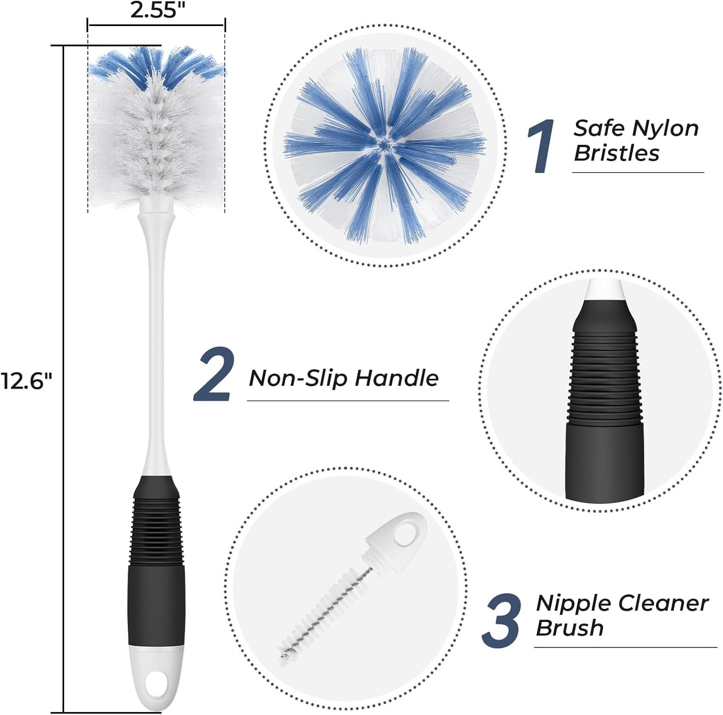 Bottle Brush Cleaner, Long Flexible Handle Bottle Brush Scrub for Water Bottles, Glasswares, Tumblers, Travel Coffee Mugs, 2 Pack