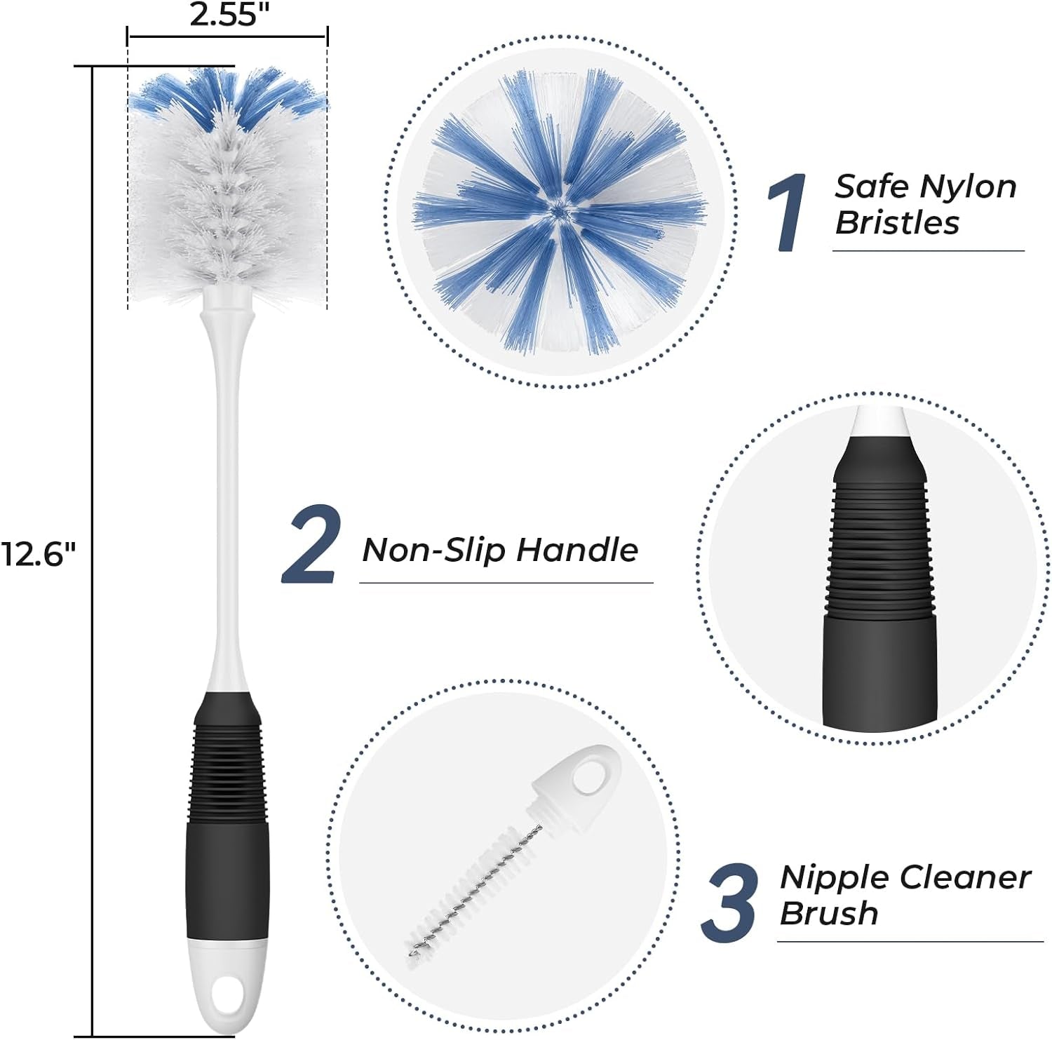 Bottle Brush Cleaner, Long Flexible Handle Bottle Brush Scrub for Water Bottles, Glasswares, Tumblers, Travel Coffee Mugs, 2 Pack
