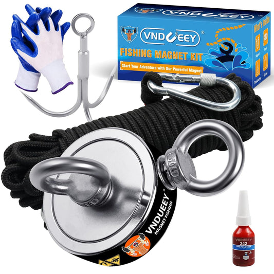 Professional Magnet Fishing Kit - 760 LBS Pulling Power with Grappling Hook, Heavy-Duty 65FT Rope, Gloves, and Locking Carabiner - 2.36 Inch Diameter