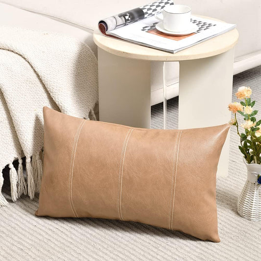 Tan Lumbar Waterproof Faux Leather Decorative Throw Pillow Covers 12X20 Inch for Living Room Couch Bed, Beige Hand Stitched Cushion Case 30X50 Cm, Taupe Modern Farmhouse Home Décor