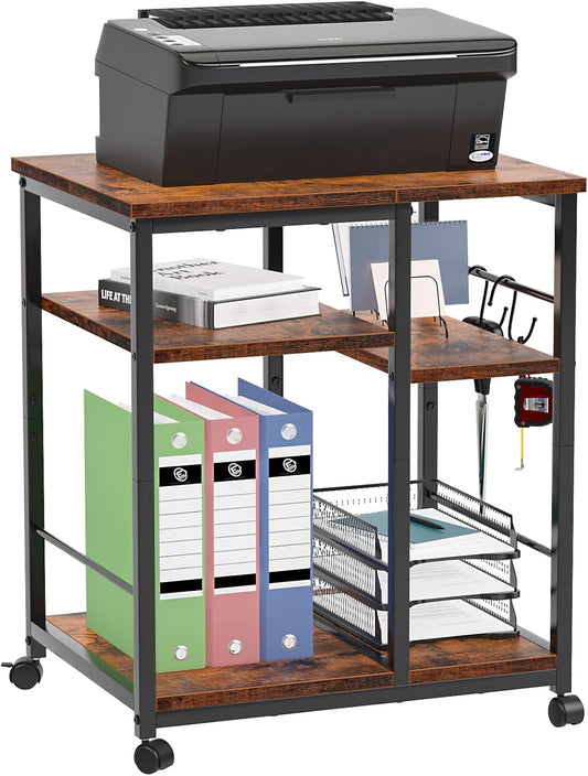 3 Tier Printer Stand for Home Office Organization, Mobile Printer Cart with Wheels and 2 Hooks, under Desk Shelf with Storage, for Living Room, Kitchen, Rustic Brown