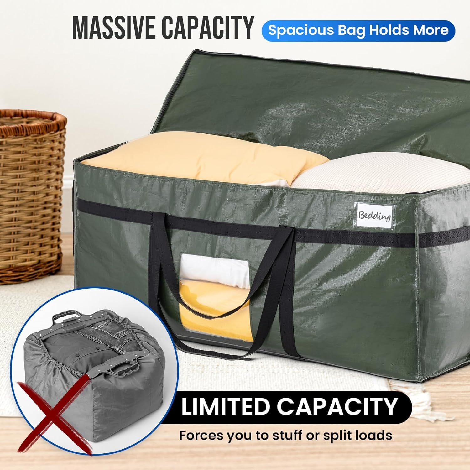 69 Gallon Extra Large Storage Bags, XXL Green Heavy Duty Moving Bags for Storage with Visible Window, Wrap around Handles, Totes for Space Saving, Alternative to Moving Boxes (2 Pack)