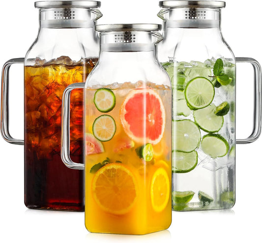 3 Pack 2 Liters/68 Oz Square Glass Pitcher with Lid and Handle for Fridge, Iced Tea and Coffee Carafe Beverage Serveware, Heat Resistant Borosilicate Water Jug for Hot/Cold Drinks and Milk