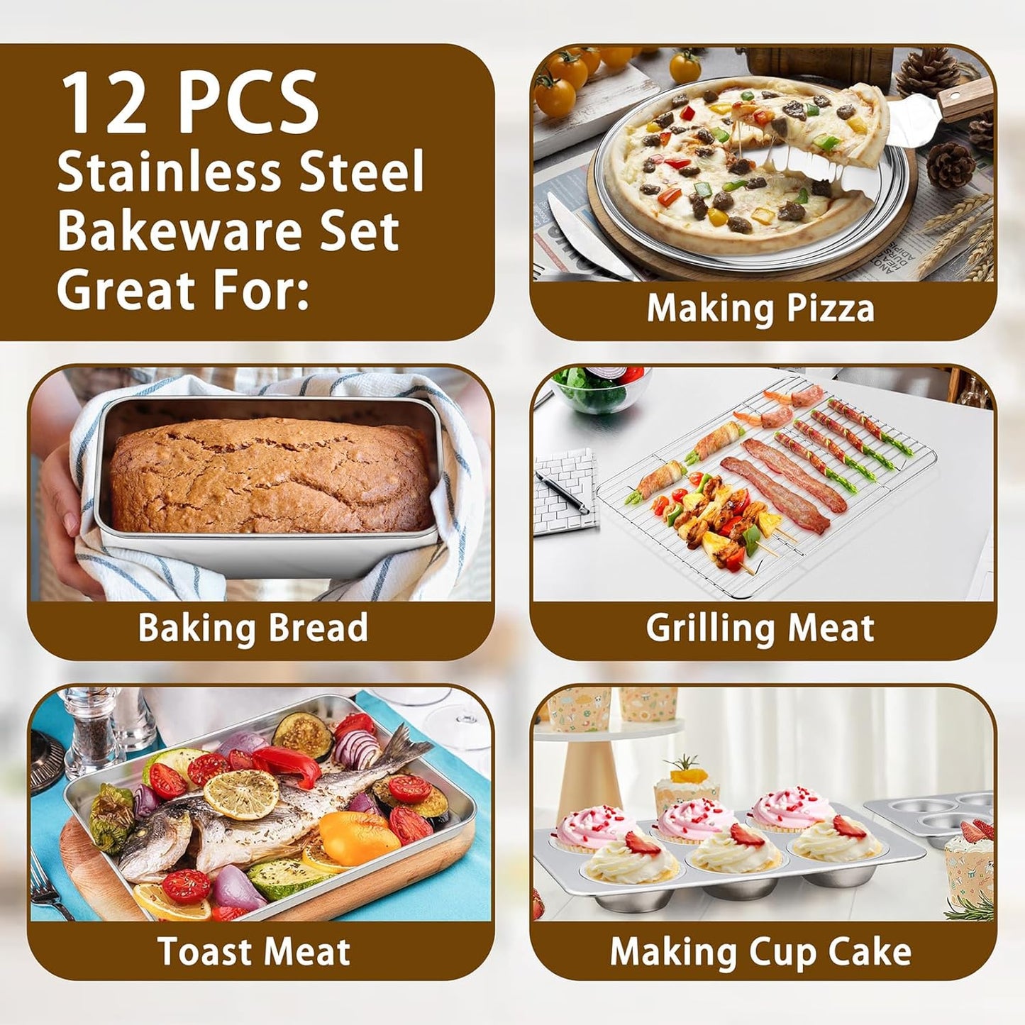 Stainless Steel Bakeware Set, 12-Piece Kitchen Baking Pans Set, Baking Sheet with Rack, Square Cake Pan with Lid, Lasagna Pan, Loaf Pan, Muffin Pan, Pizza Tray & 2 Covers, Easily Clean