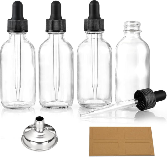 Set of 4, 1 Oz Clear Eye Dropper Bottles with 1 Stainless Steel Funnels & 4 Labels - Black Caps 30Ml Thick Glass Tincture Bottles - Leakproof Essential Oils Bottles for Health, Personal Care & Beauty