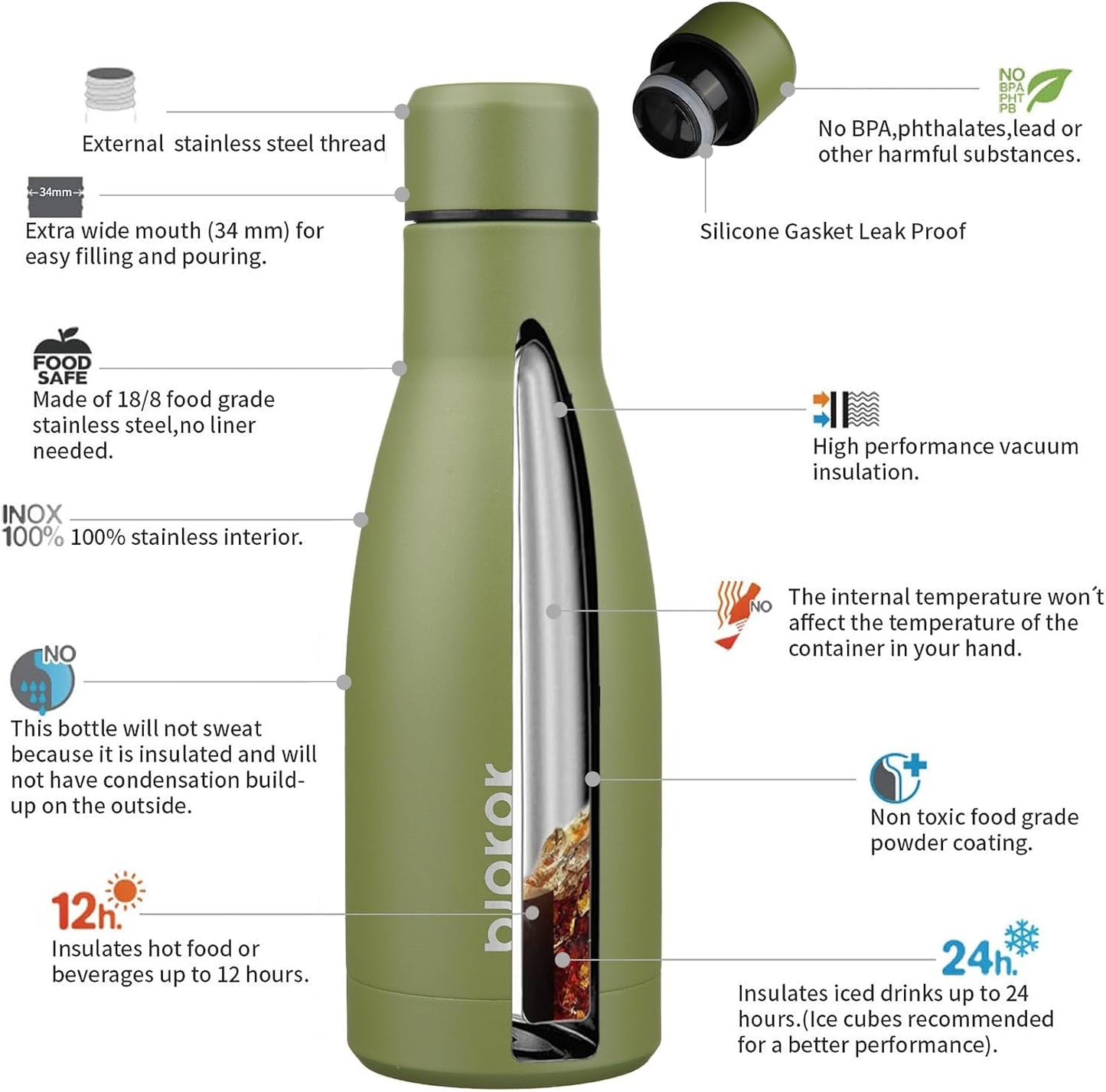 12Oz Water Bottles Stainless Steel Double Wall Vacuum Insulated Small Water Bottles for Travel,Olive Green