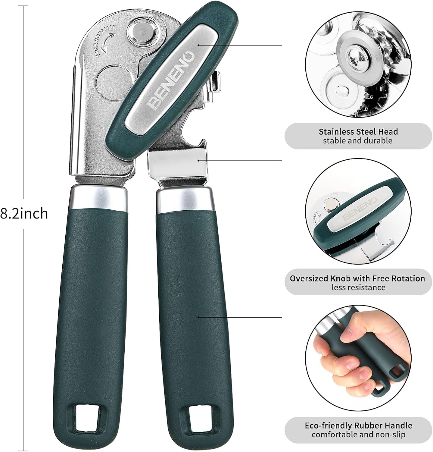 Can Opener Manual with Magnet, Hand Held Heavy Duty Can Opener with Durable Sharp Blade Smooth Edge, Big Effort-Saving Knob, Soft Grip Rubber Handle, Multifunctional Bottle Opener, Green