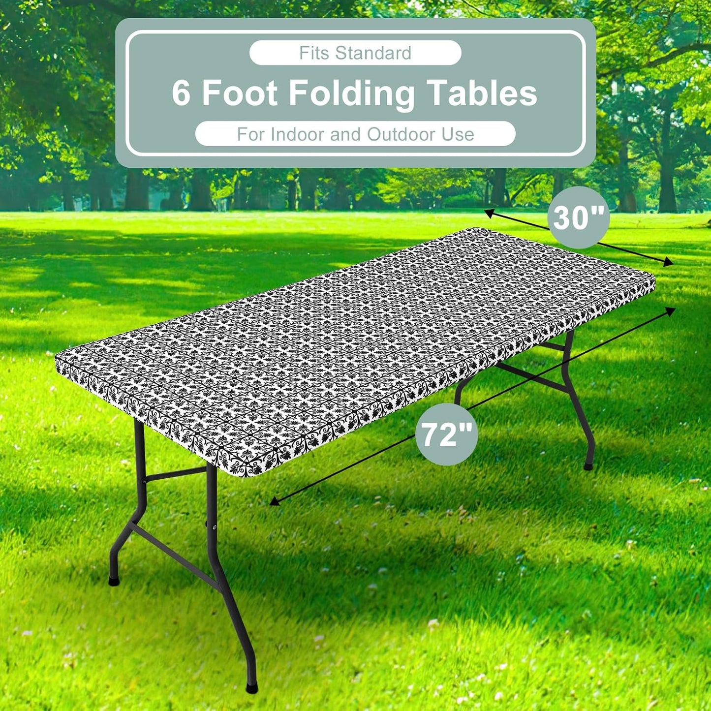 2 Pack 6 Foot Rectangle Picnic Tablecloth, Elastic Fitted Waterproof Table Cover, Windproof Washable Polyester Table Cloth for Camping, Indoor and Outdoor (Black, 30" X 72")