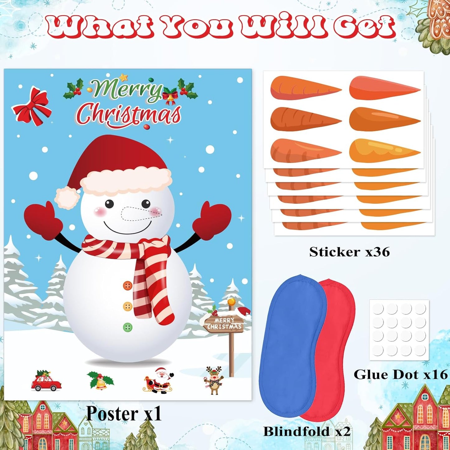 Pin the Nose on the Snowman Game, Christmas Games, Christmas Party Activities with 36 Pcs Nose Stickers and Blindfold for Kids, Adults, Family Holiday Fun