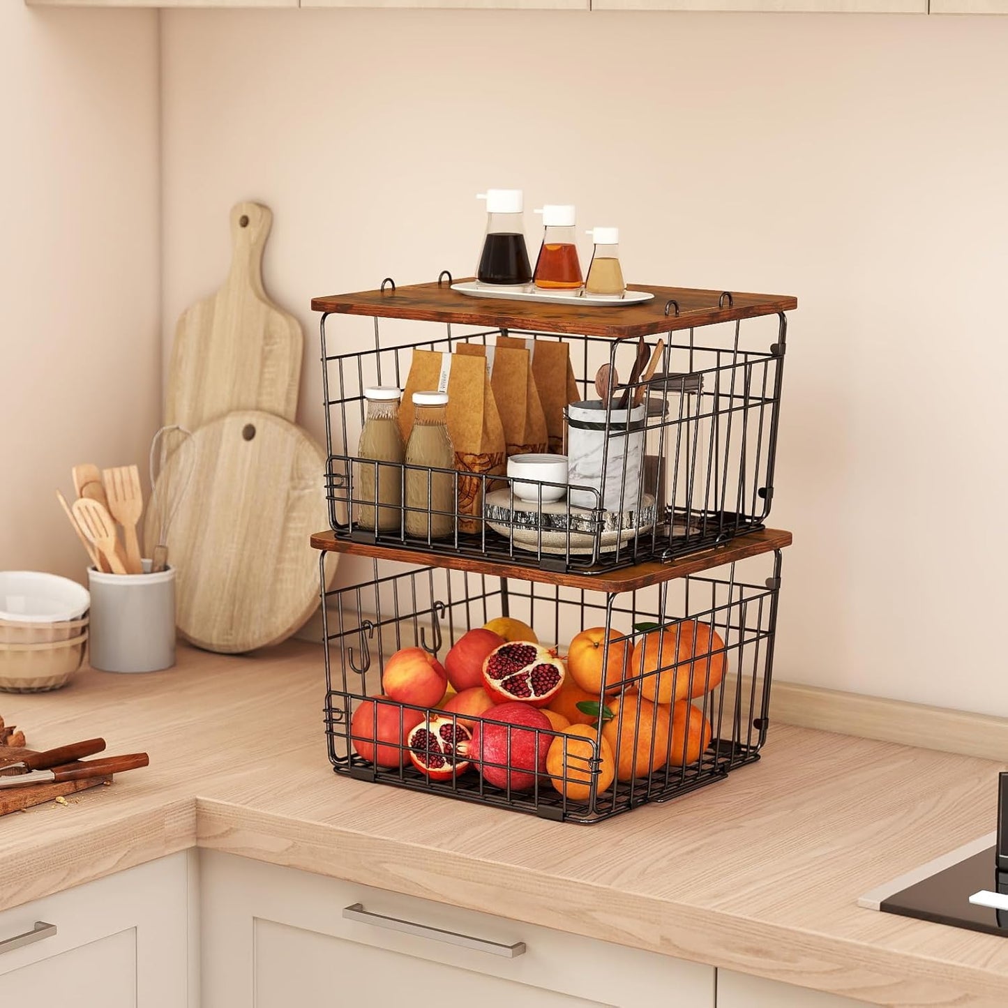 2 Pack Stackable Wire Basket with Wood Top,Pantry Organizer and Storage,Potato Basket Onion Storage for Kitchen Counter,Spice Organizer for Cabinet