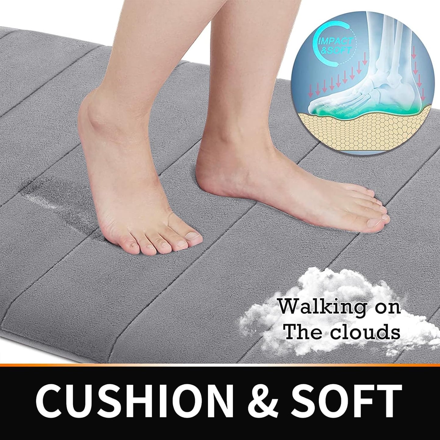 Memory Foam Bath Mat Set 3 Pieces- Super Soft Absorbent Quick Dry Bathroom Rug Sets, Machine Washable Non Slip Floor Carpet for Tub Shower, Vanity & Toilet Base, Gray