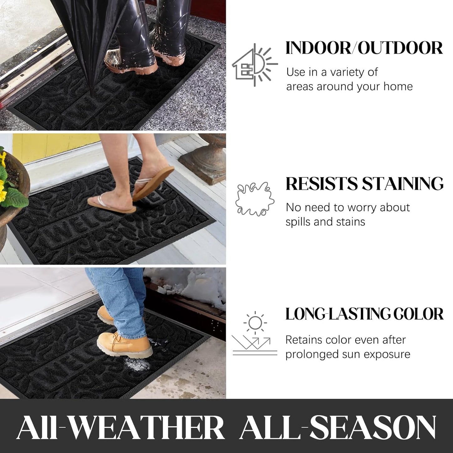 Welcome Mat Outdoor, 29.5X17 Waterproof Door Mat outside Entrance, All-Weather Non Slip Front Door Mat, Low-Profile Entryway Mat Indoor, Porch and Patio, Black