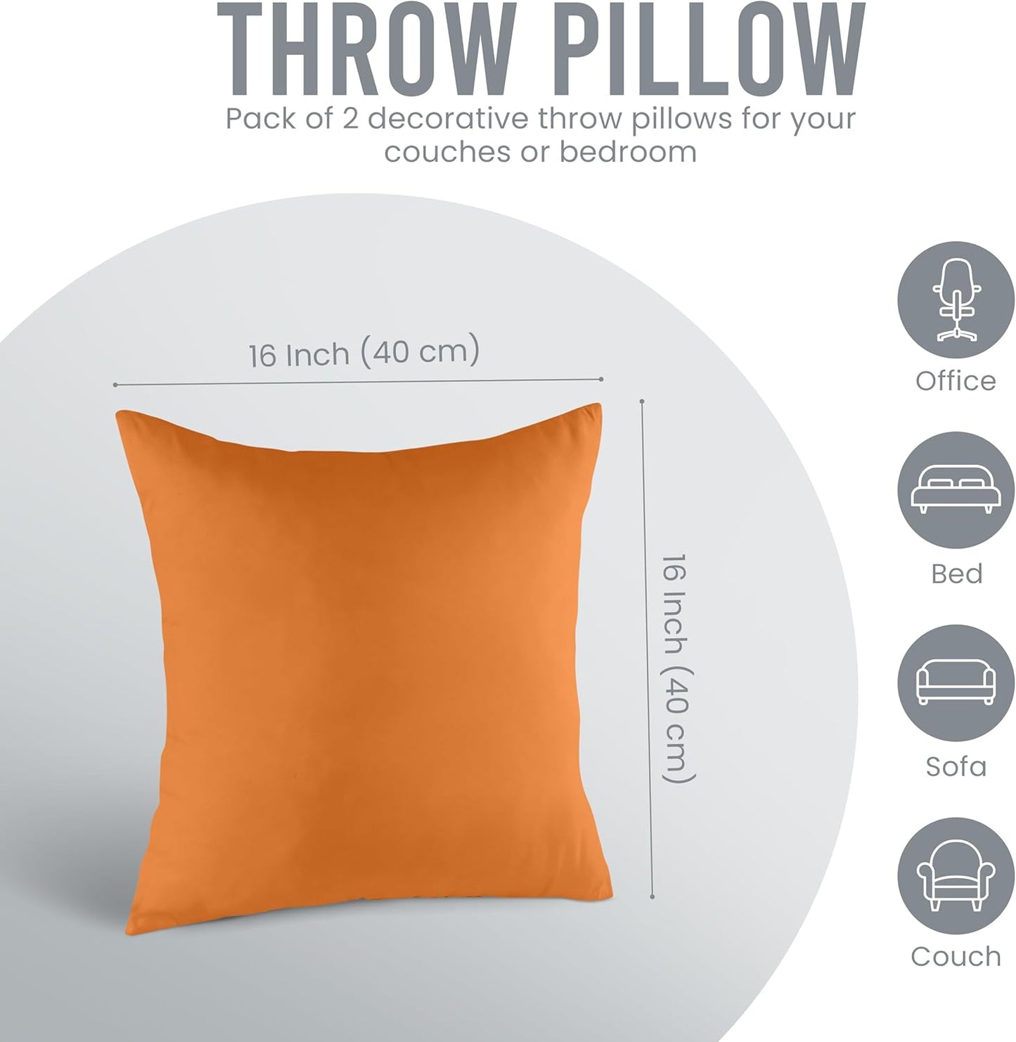 Throw Pillows Insert (Pack of 2, Orange) - 16 X 16 Inches Bed and Couch Pillows - Indoor Decorative Pillow