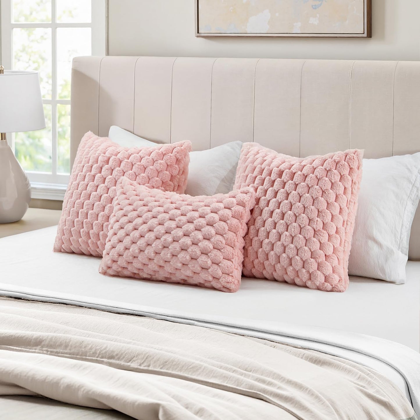 Pink Faux Fur Decorative Throw Pillow Covers 18X18 Inch Set of 2 Super Soft Cozy Plush Cushion Cases Luxury Fluffy Pillowcases for Sofa Couch Bed Living Room