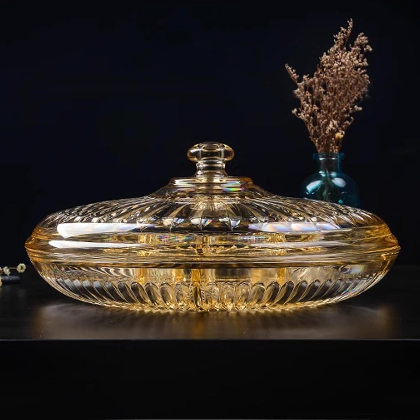 Creative Acrylic Multifunctional Party Snack Tray with Lid,Serving Dishes for Dried Fruits Nuts Candies Fruits,6-Compartment (Amber)