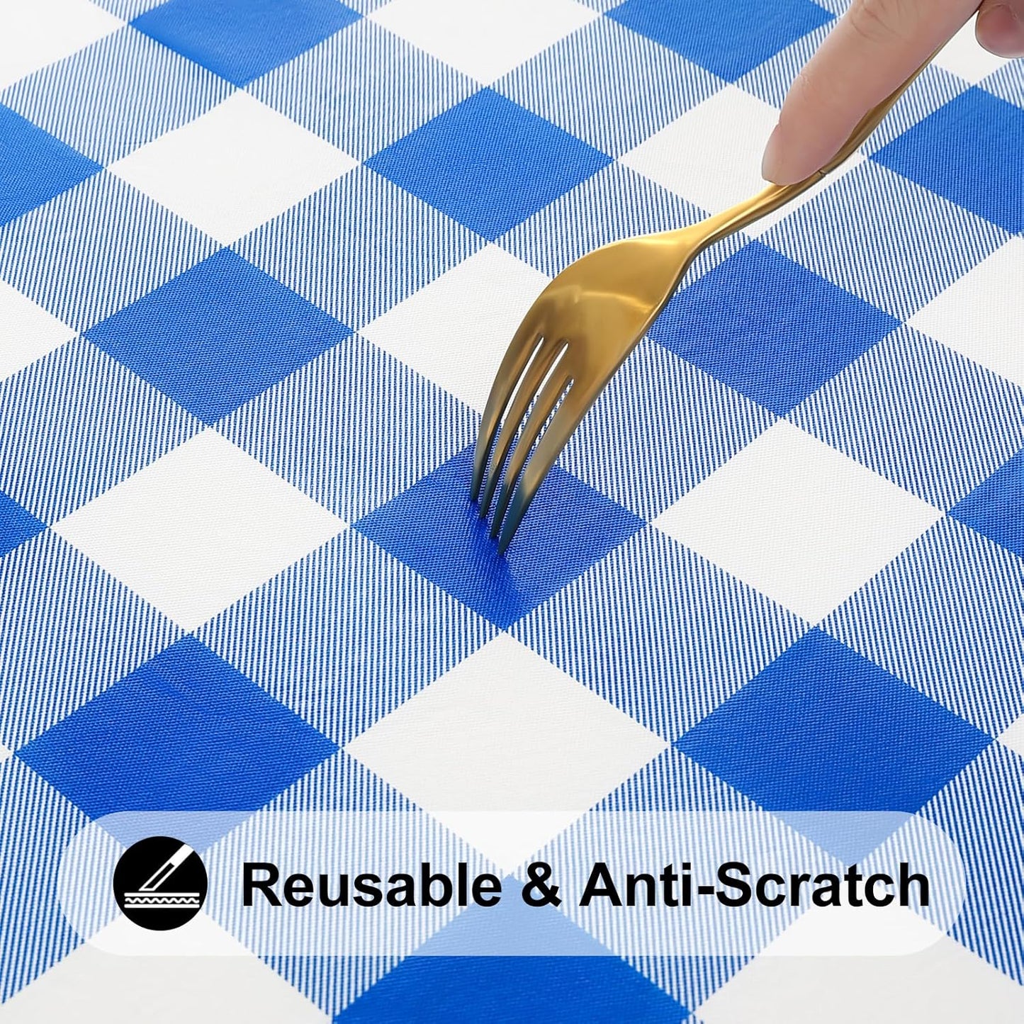 round Picnic Tablecloth, Elastic Waterproof Fitted Vinyl Tablecloths for 36"-44" Tables, Flannel Backed Buffalo Plaid Table Cover for Dining, Camping, Outdoor, White and Blue