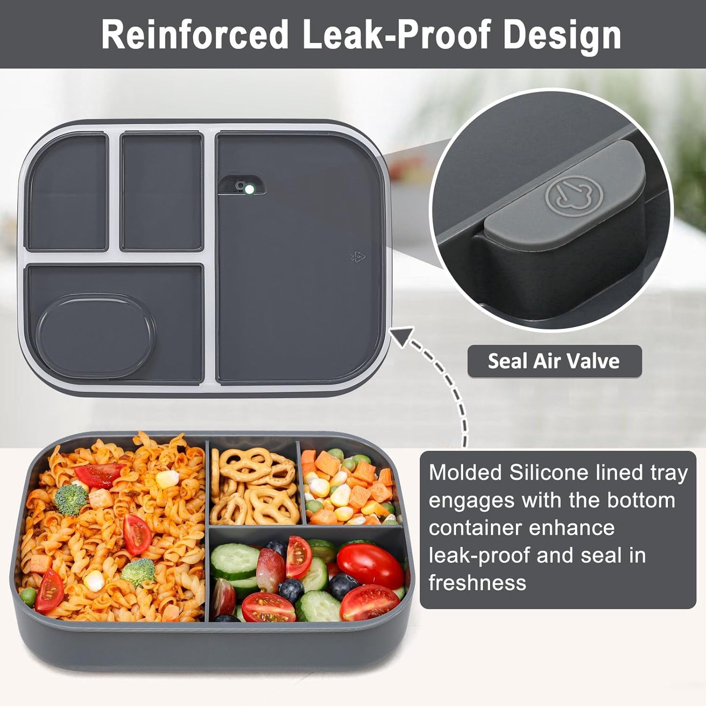 Stackable Bento Lunch Box for Adults and Teens - Durable Leak-Proof 4-Compartment Container with Utensils and Sauce Container, BPA-Free, Dishwasher and Microwave Safe, 47 Oz (Dark Gray)