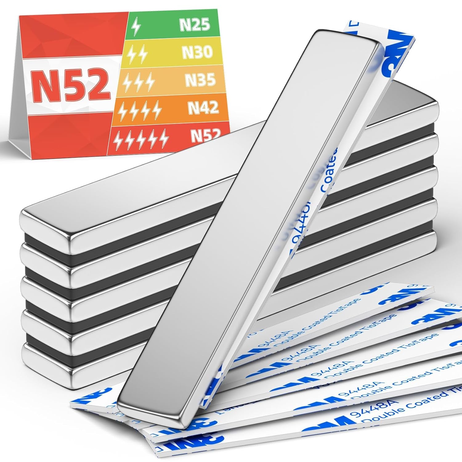 Neodymium Bar Magnets - 6 Pack High-Strength Magnets with Double-Sided Adhesive, Ideal for Heavy-Duty Applications in Home, Garage, Kitchen, and Crafts - 60x10x3 mm (N52)