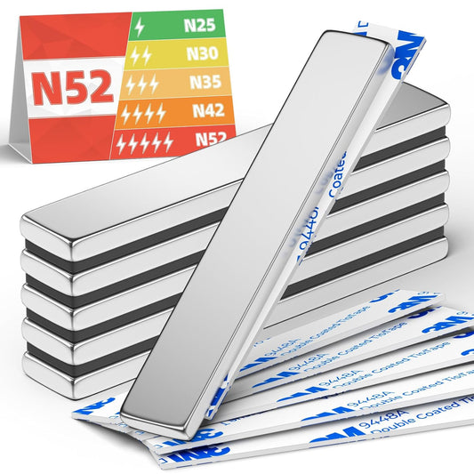 Neodymium Bar Magnets - 6 Pack High-Strength Magnets with Double-Sided Adhesive, Ideal for Heavy-Duty Applications in Home, Garage, Kitchen, and Crafts - 60x10x3 mm (N52)