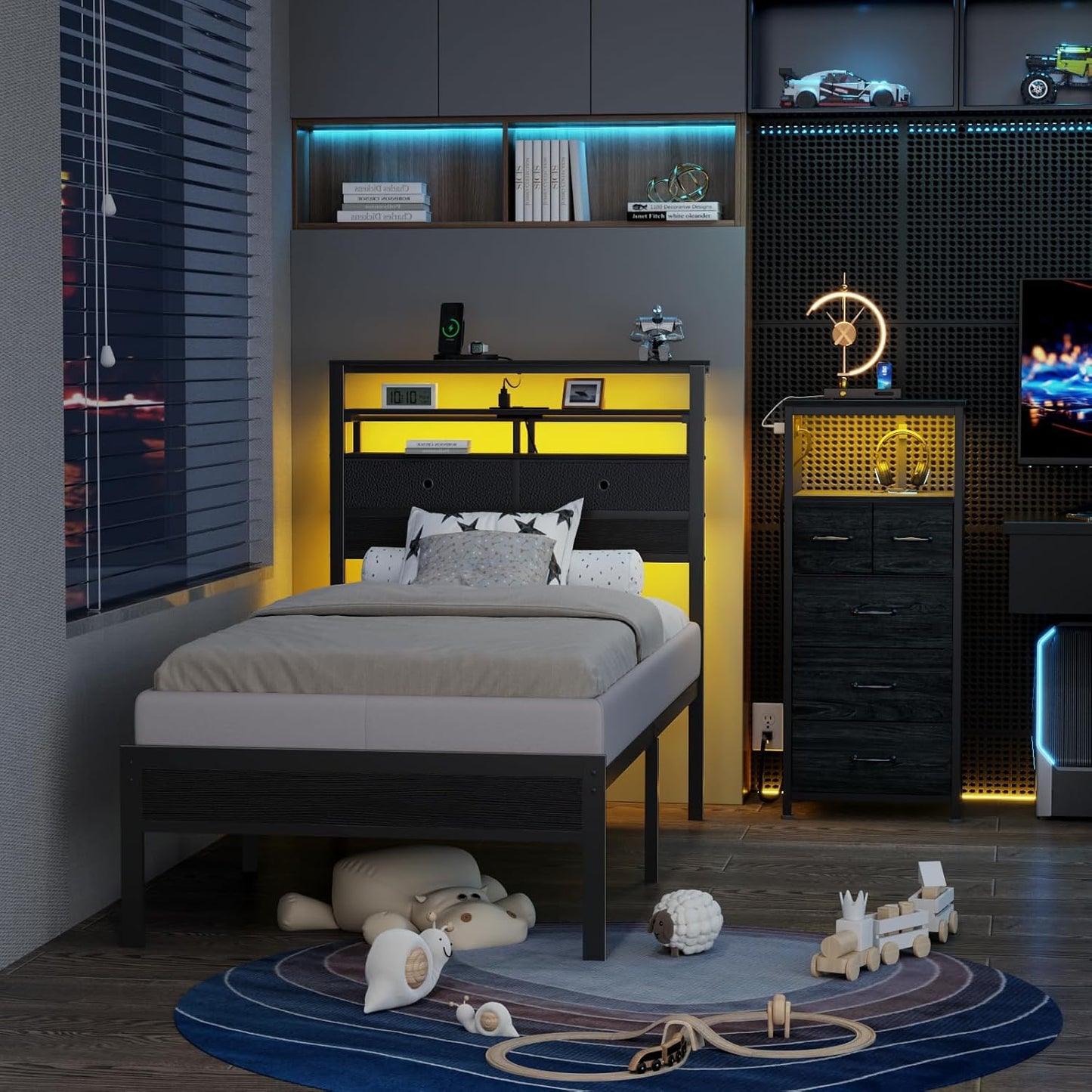Twin Bed Frame with Integrated Charging Station and LED Lighting, Wooden Headboard Featuring Two Fabric Drawers and Storage Shelves, Twin Size Platform Design with Metal Slats, Box Spring Not Required, Black Oak Finish