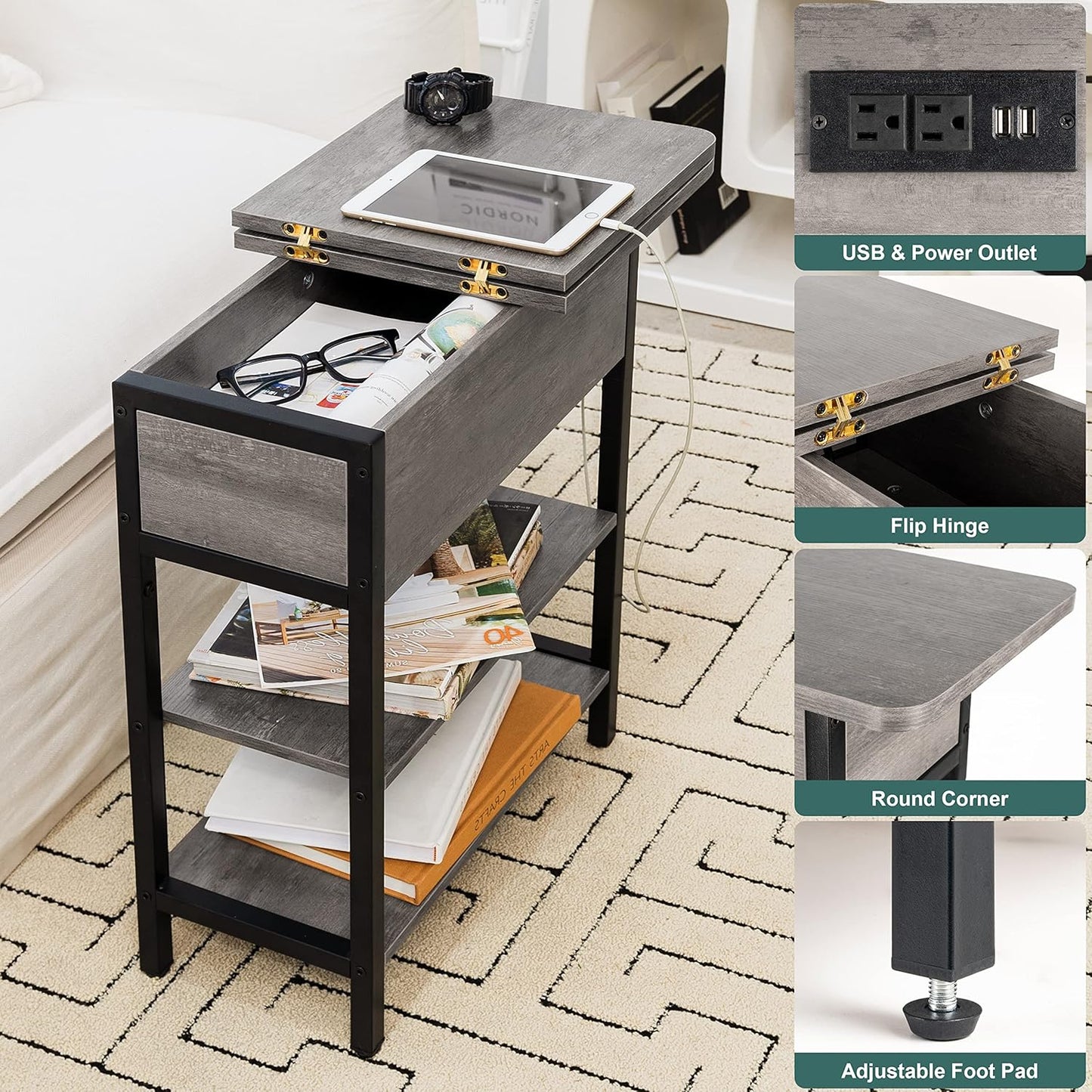 End Table with Charging Station, Flip Top Side Table with USB Ports and Outlets, Sofa Couch Table Bedside Table for Living Room Bedroom, Narrow Nightstand with Storage Shelves for Small Space