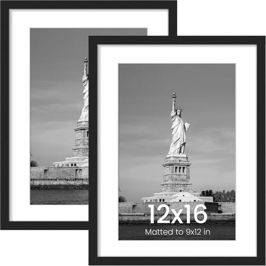 12X16 Picture Frame, Display Poster 9X12 with Mat or 12 X 16 without Mat, Wall Gallery Photo Frames, Black, 2 Pack