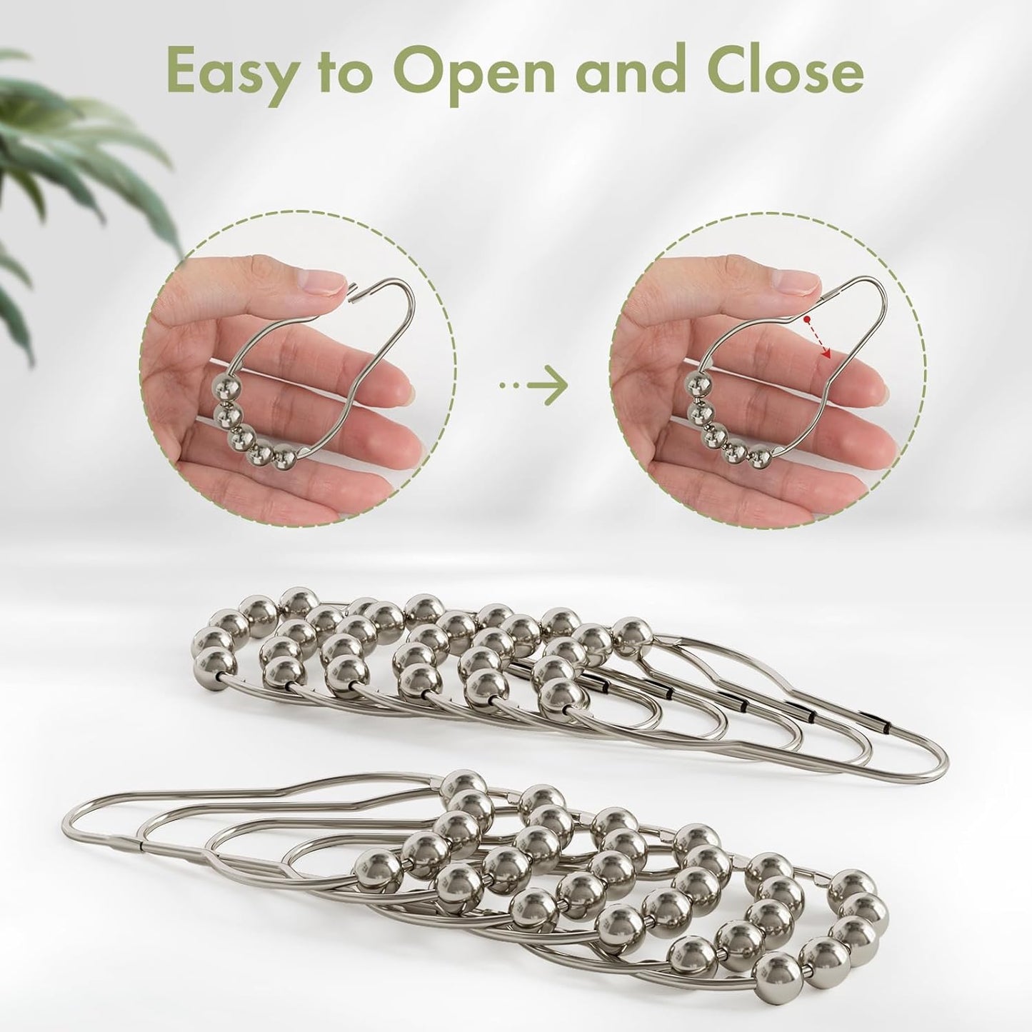 Shower Curtain Hooks, Decorative Rust Proof Stainless Steel Shower Curtain Hooks for Bathroom Shower Rods Set of 12, Polished Nickel