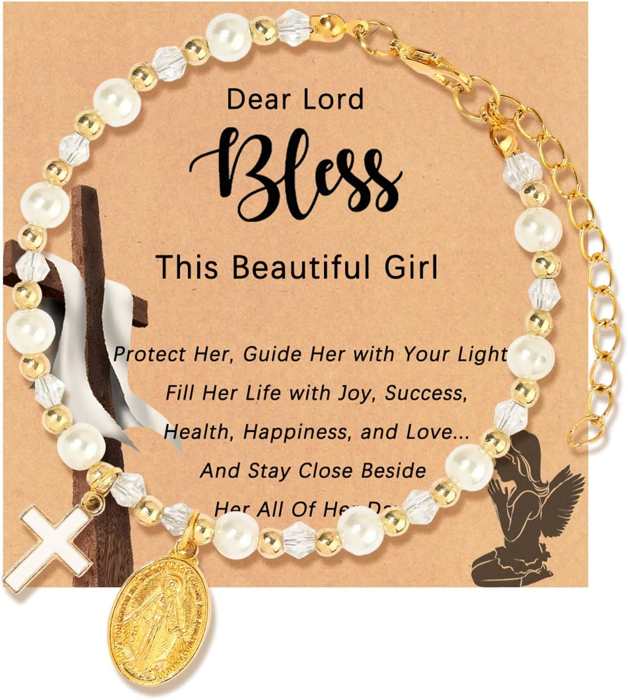 Christmas Gifts Pearl Cross Bracelet for Girls - First Communion, Baptism, Easter, Little Girl Gifts for Daughter Granddaughter Godchild-Gold Adjustable with Blessing Card Cross Bracelet