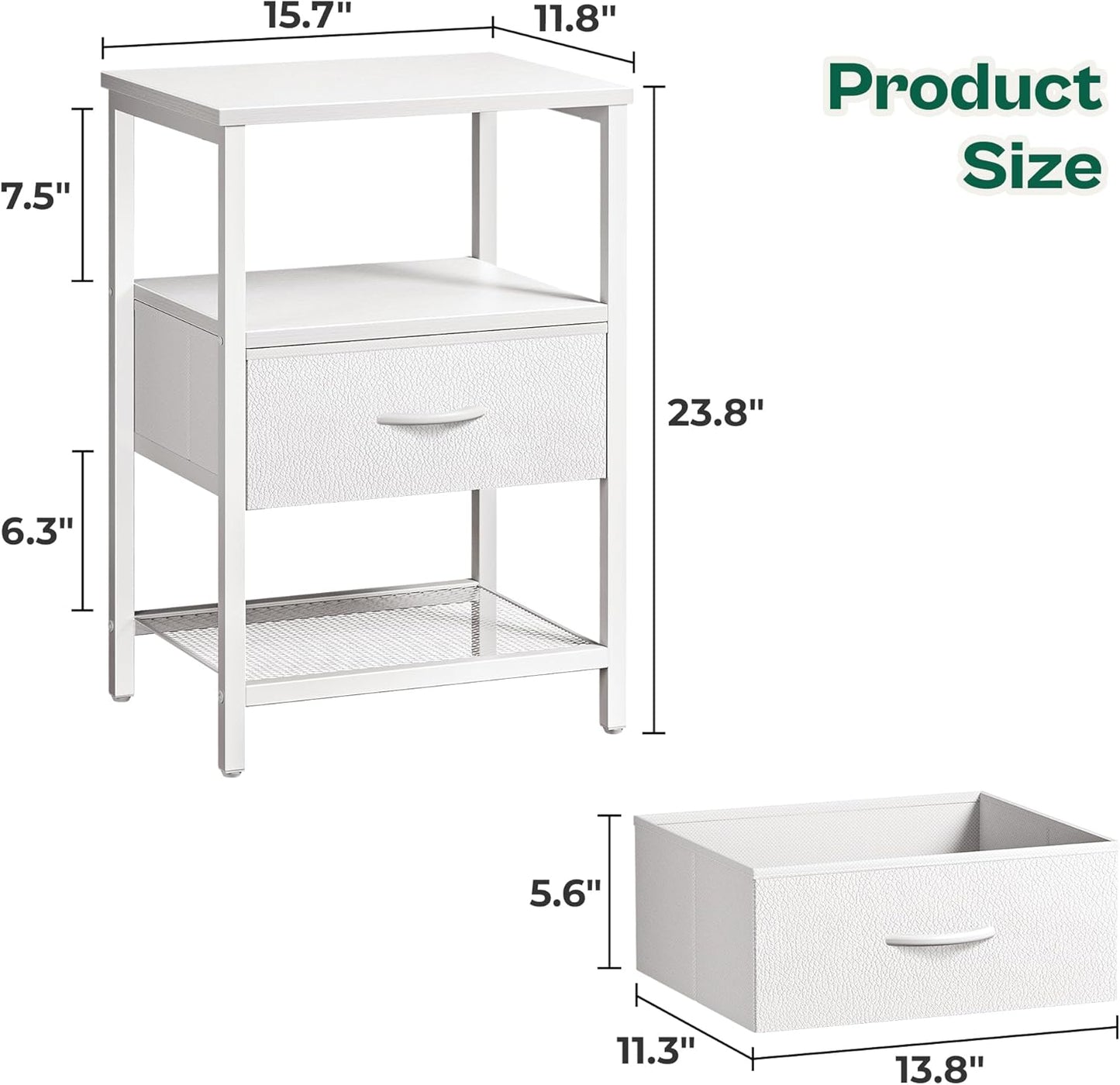 Fabric Drawer Nightstand with Mesh Shelf and Metal Frame, White